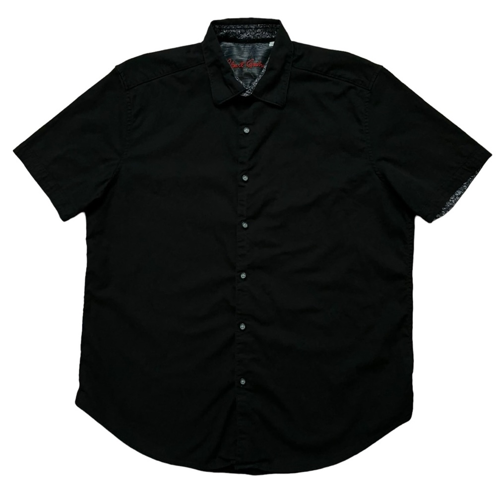 Robert Graham Shirt Mens XL Short Sleeve Paisley Embroidered Stretch Black